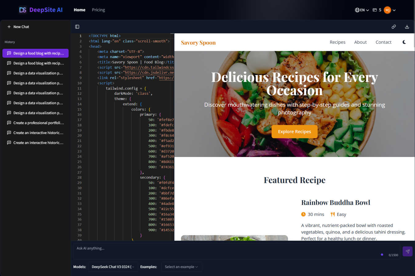 DeepSite AI application interface and features