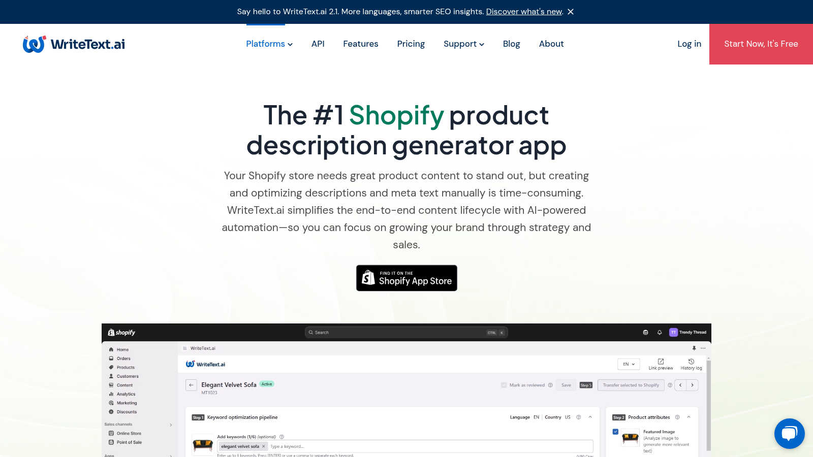 WriteText.ai for Shopify application interface and features