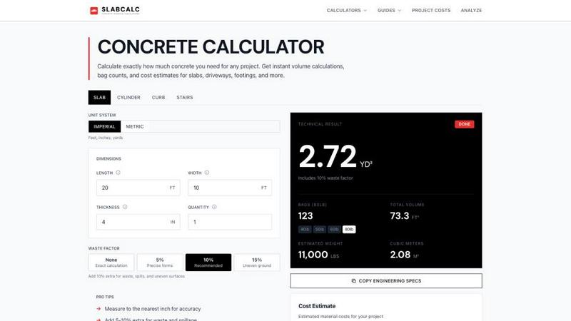 SlabCalc application interface and features